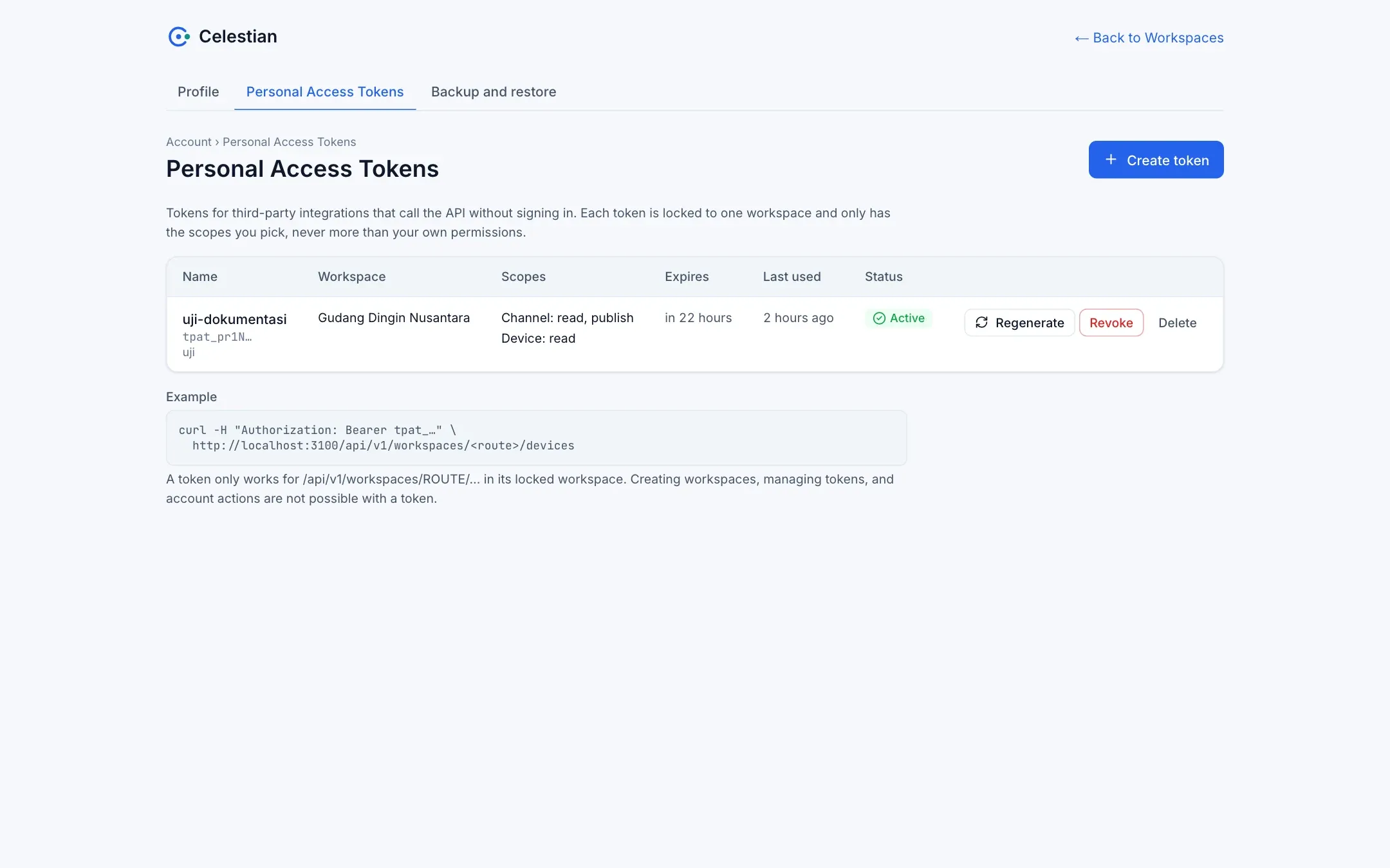 The Personal Access Token list.