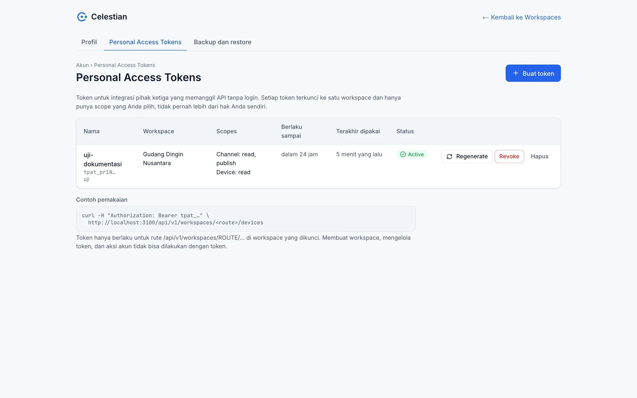 Daftar Personal Access Token.