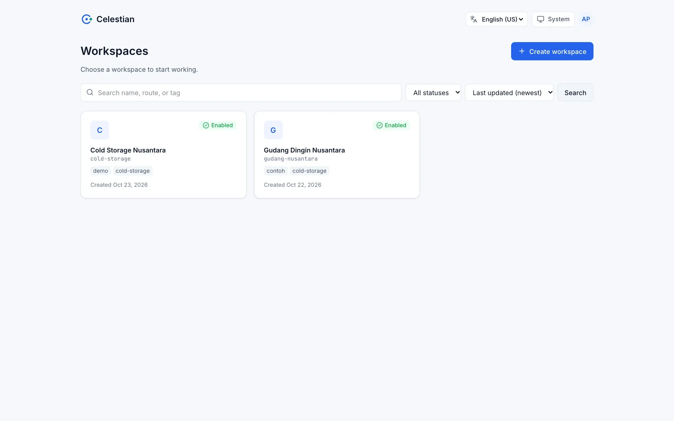 The workspace list with one sample workspace.